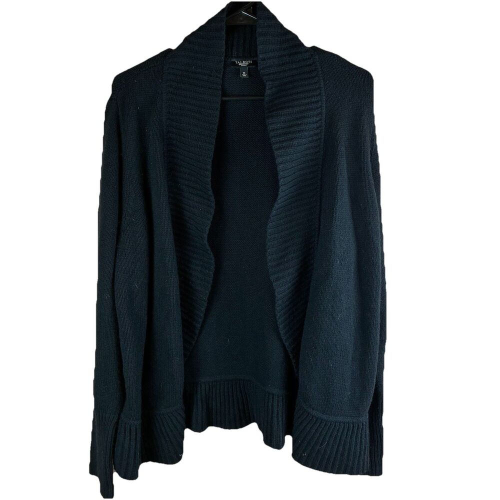 Talbots Women’s Black Ruffle Open Cardigan Sweater 1X Lambswool Blend